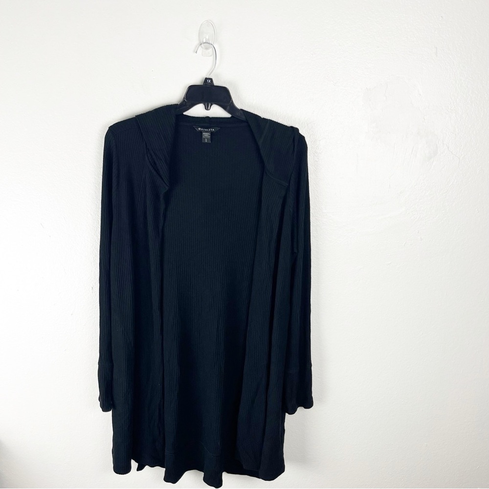 ATHLETA Black Knit Pockets Hoodie Long Line Open Cardigan Large Casual Cozy